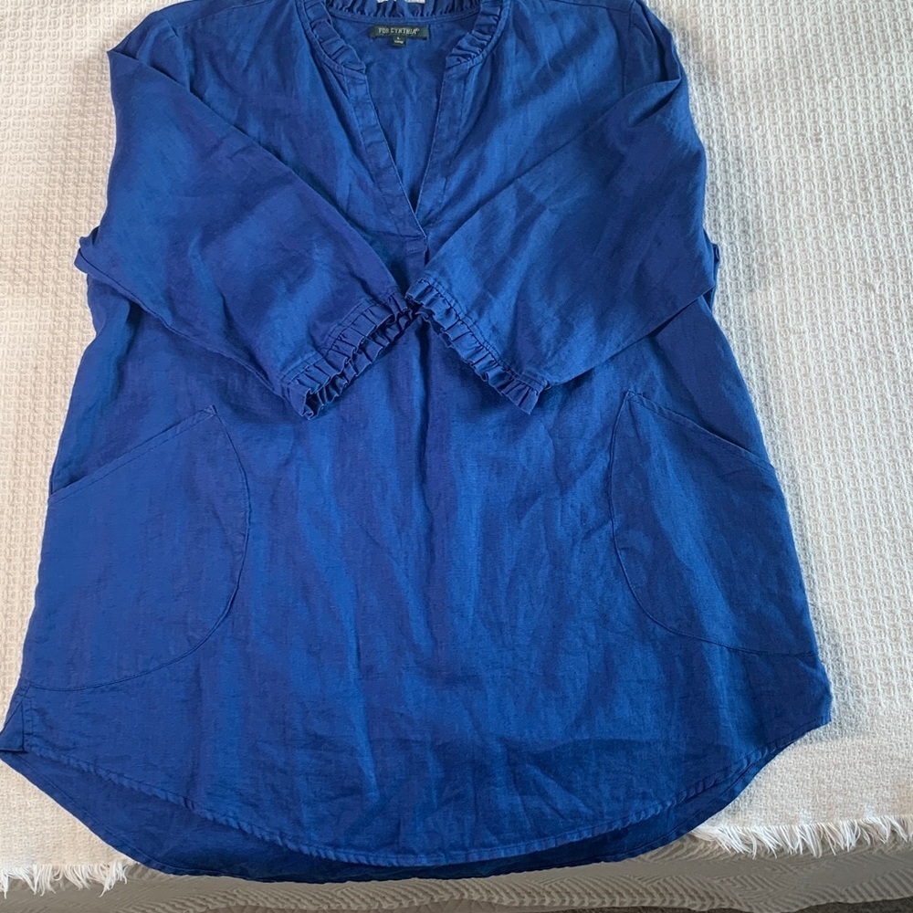 For Cynthia blue linen tunic top with pockets size large - Picture 3 of 9